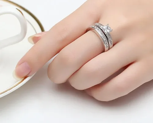 Miniatura 2 de Juego de anillos de compromiso de plata de ley 925 de 3 quilates con circonita cúbica transparente, anillo de regalo para mujer