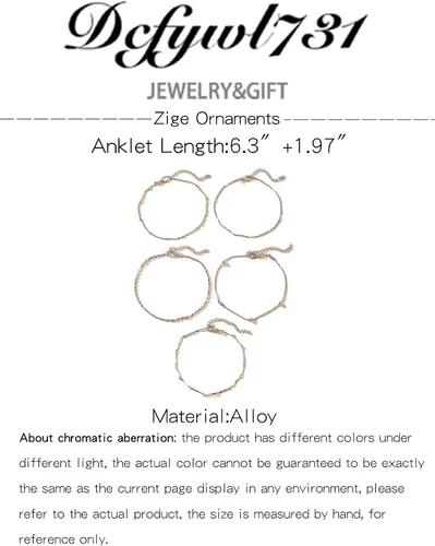 Miniatura 5 de Dcfywl731 Tobillera de cinco capas para mujer, cadena de cuentas de plata y oro, tobillera para adolescentes y niñas, pulseras de tobillo de varias