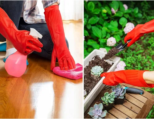 Miniatura 6 de Vgo - 1 par de guantes para lavar platos, guantes reutilizables para el hogar, guantes de cocina, manga larga, látex grueso, limpieza, lavado