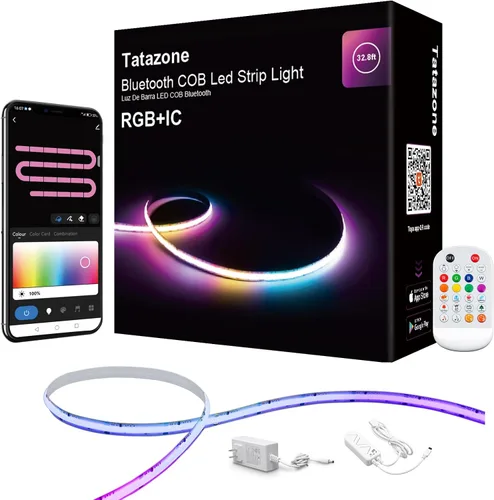 Miniatura 8 de Tatazone Tira de luz LED COB Bluetooth RGB+IC de 6.56 pies con aplicación, tira de luz COB de persecución, control segmentado, sincronización