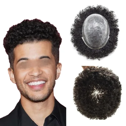 Miniatura 18 de Tupé rizado afro para hombres negros Full Poly African American Curl sistemas de cabello humano inyectado PU Coily Male Hairpieces Poly Hair