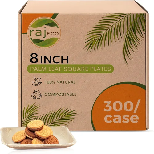 Miniatura 13 de Raj Eco Platos compostables de hoja de palma como platos de bambú desechables – 8 pulgadas cuadrados 50 platos de fiesta, de madera natural