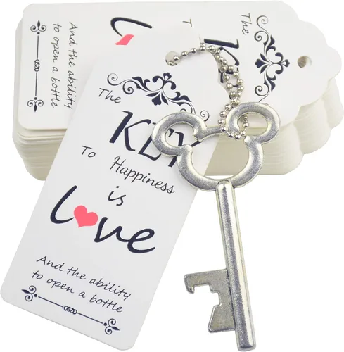 Miniatura 9 de Aokbean 52 piezas de abrebotellas con llave de esqueleto vintage con tarjeta de agradecimiento de acompañante y llavero para fiesta, boda, kit