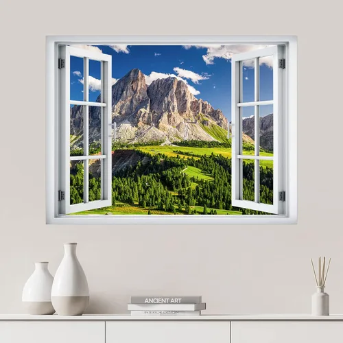 SIGNWIN Adhesivo de pared removible/Mural de pared Vista de ventana Cordillera nublada Bosque Naturaleza Vida silvestre Fotografía Realismo Paisaje