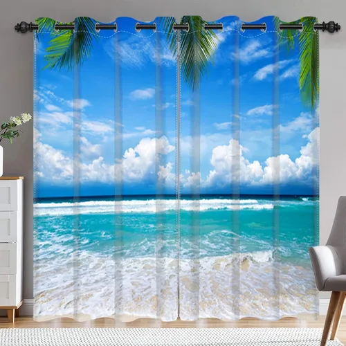 Miniatura 9 de Renaiss Cortinas opacas con diseño de mar tropical, nublado, cielo azul y verde azulado, estrella de mar transparente en playa arenosa, sala