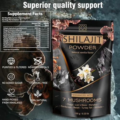 Miniatura 4 de Gold Shilajit Polvo y 7 complejo de hongos – Energía, enfoque y apoyo cerebral – Melena de león, Chaga, Reishi, Cordyceps, cola de pavo – Sabor a
