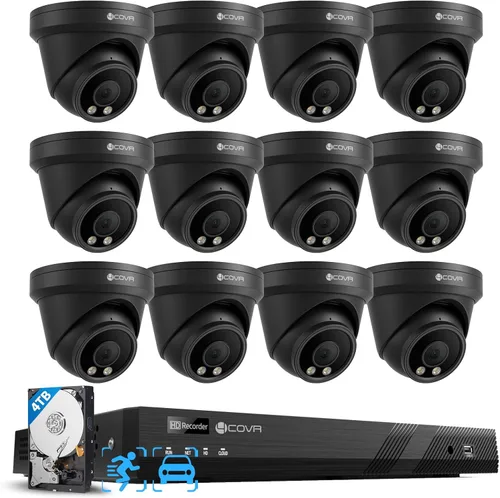 4COVR - Sistema de cámara de seguridad de 16 canales, detección de humanos y vehículos, 16CH 8MP NVR 4TB HDD, 12 unidades de cámara IP PoE con cable