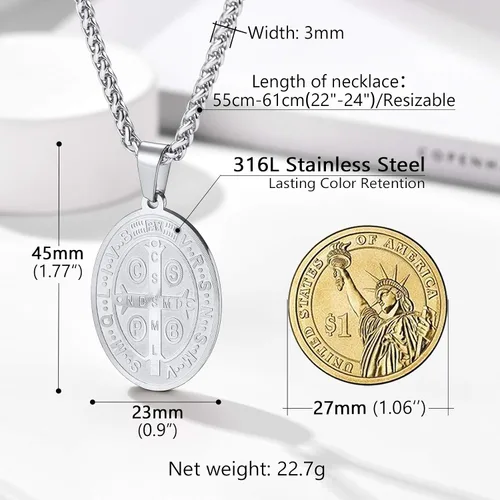 Miniatura 4 de PROSTEEL Collar con medalla de San Benito de acero inoxidable joyería de protección para hombres y mujeres chapado en oro real de 18 quilates