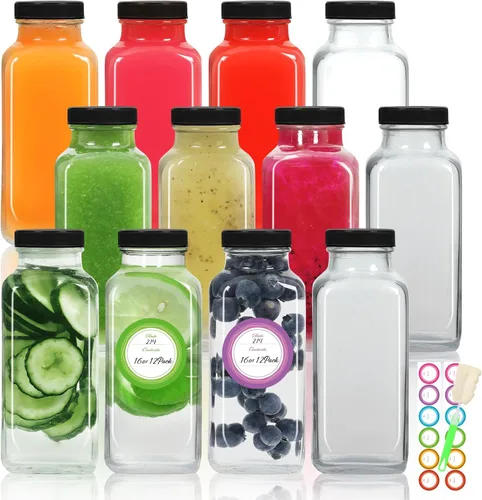 Miniatura 10 de STARSIDE - Botellas de vidrio para jugo de 8 onzas con tapas, paquete de 12 - Frascos reutilizables cuadrados para exprimir, leche, kombucha