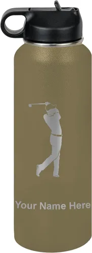 Miniatura 68 de LaserGram Botella de agua personalizada, golfista de golf, acero inoxidable de doble pared aislada al vacío con popote superior, regalo grabado Negro