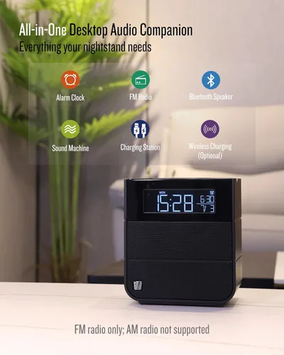 Miniatura 2 de Soundfreaq Sound Rise II, SFQ-16: Radio despertador de cabecera y bocina Bluetooth, con pantalla grande, radio FM, carga USB rápida y sonido