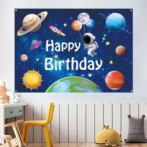 Miniatura 5 de Pancarta de fondo de feliz cumpleaños de planetas astronautas espaciales, suministros de decoración de fiesta de cumpleaños para niños, sistema