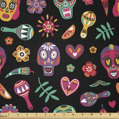 Miniatura 10 de Ambesonne The Yard, tela de calavera colorida con temática de Halloween, diseño de calavera y huesos cruzados, divertido estampado de dibujos