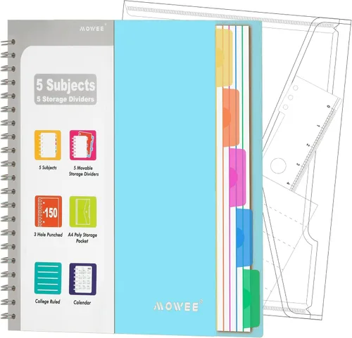 Miniatura 15 de Cuaderno de 5 materias – Cuaderno de espiral, cuaderno de rayas universitarias con bolsillo divisor, pestañas, regla de 11 pulgadas, 200 páginas