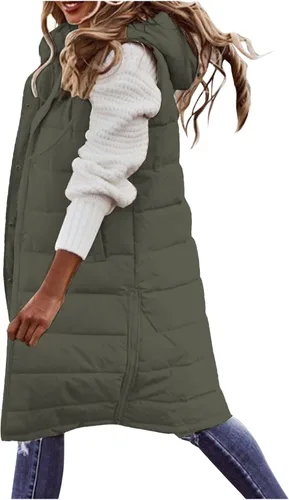 Miniatura 25 de Chaleco largo para mujer, sin mangas, acolchado, con cremallera, capucha, abrigo de invierno cálido, ligero, con bolsillos