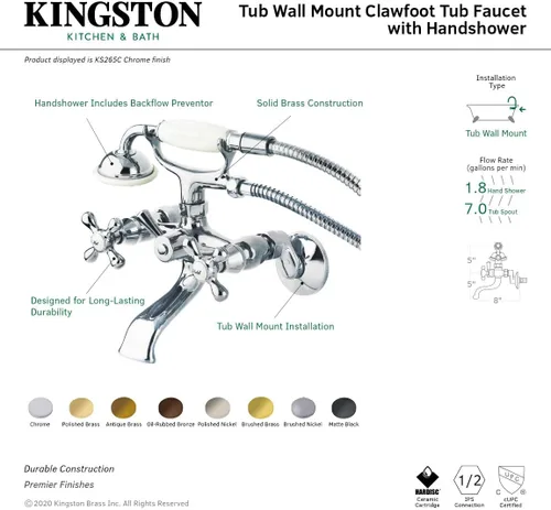 Miniatura 10 de Kingston Brass KS265 Clawfoot canilla para la bañera, KS265PB Latón pulido