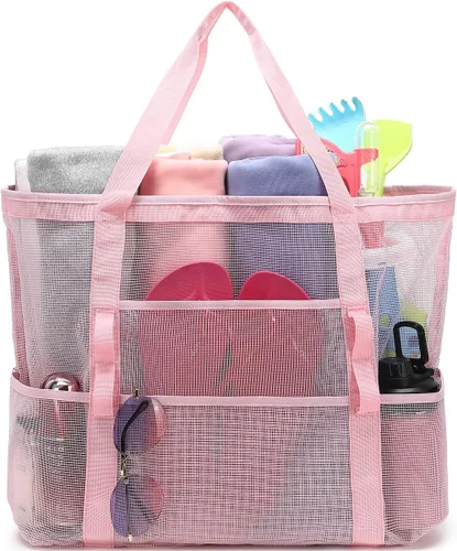 Bolsa de playa de malla, bolsas grandes de playa con cremallera, bolsa de piscina para juguetes para viajes familiares, vacaciones, cruceros,