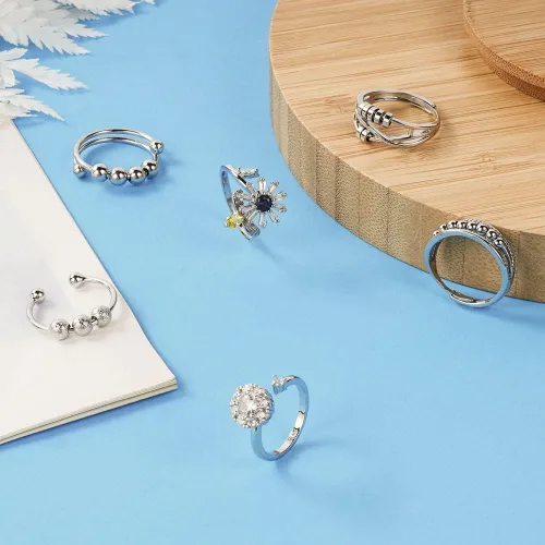 Miniatura 4 de Aucuu 6PCS Anillos Fidget Anti Ansiedad para Mujeres, Anillo Abierto Ajustable, Anillos de Diamantes de Circonita Cúbica CZ, Anillos de Cuentas #1