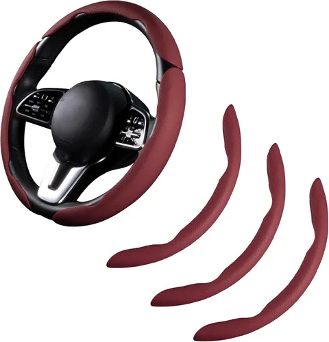 Miniatura 9 de Cubierta de volante de coche de cuero con cierre de presión de 3 piezas, juego de protector antideslizante y envolvente, accesorios para volante