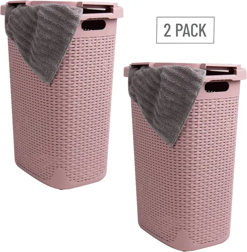 Miniatura 7 de Mind Reader Cesta de lavandería delgada con tapa, cestas de ropa de 60L, diseño de mimbre premium, plástico, paquete de 2, rosa