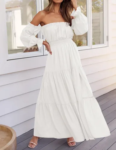 Miniatura 3 de ZESICA - Vestido largo, bohemio y sexy, con hombros descubiertos y manga larga fruncida, con elástico fruncido, cintura alta y abertura lateral