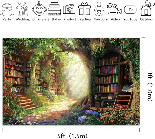Miniatura 4 de Riyidecor Fondo de Biblioteca de Hadas Tela de Poliéster Estantería Árbol Encantado Bosque 5 Pies de Ancho x 3 de Alto Verde Jardín Libro Planta