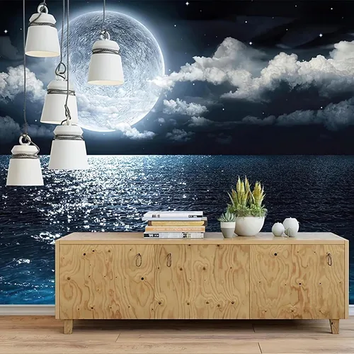 Miniatura 2 de Papel tapiz fotográfico grande 3D de luna brillante en el mar, murales de pared con vista nocturna de cielo nocturno, papel tapiz mural para sala