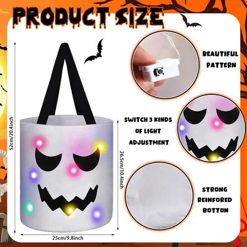 Miniatura 2 de Teling 6 bolsas de dulces de calabaza con luces LED para Halloween con luces LED, bolsas de regalo reutilizables para suministros de fiesta