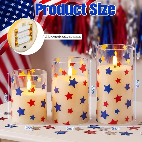 Miniatura 2 de Blosssound 3 Pack 4th of July Flameless Candles Battery Operated Independence Day Stars in Blue Red Flameless Flickering Candles LED for Gifts Home