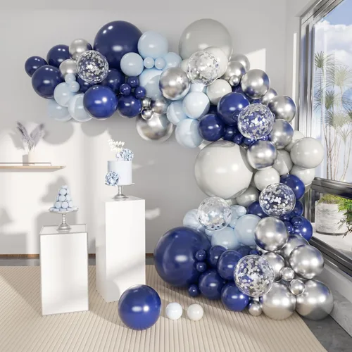 Paquete de 140 globos de guirnalda de globos de color azul marino, plateado, azul marino, azul macarrón, para graduación, fiesta de cumpleaños, baby