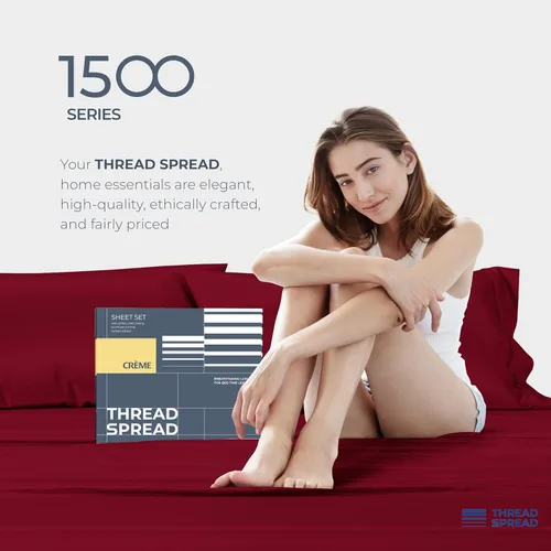 Miniatura 8 de THREAD SPREAD Juego de sábanas de 100 % algodón egipcio, de la serie 1500, tamaño Queen, de lujo de algodón egipcio (4 piezas, color borgoña), suave