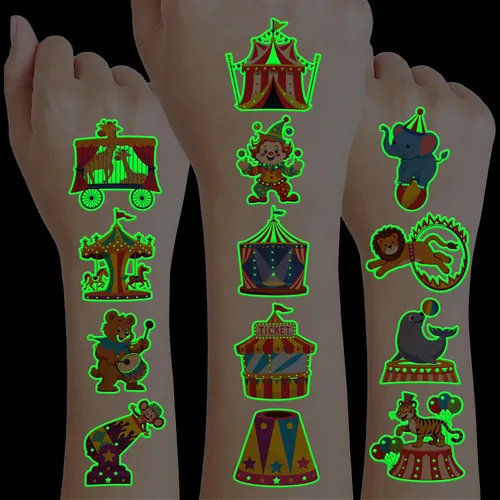96 piezas de tatuajes temporales que brillan en la oscuridad para niños, tatuajes falsos de animales de payaso de circo de carnaval, calcomanías