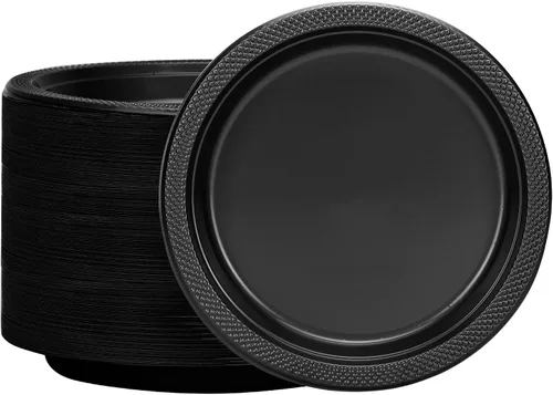 Miniatura 6 de Platos de plástico negro de 9 pulgadas, 50 unidades, platos redondos de plástico sólido para fiestas, bodas, barbacoas, platos de cumpleaños, platos
