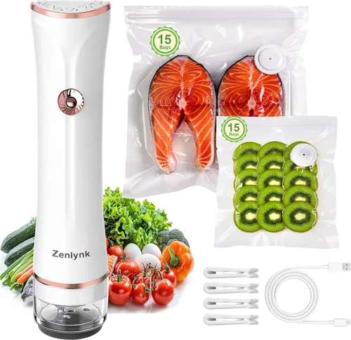 Sellador al vacío compacto para alimentos, sellador al vacío portátil de mano, máquina ahorradora de alimentos con 30 bolsas reutilizables y 4
