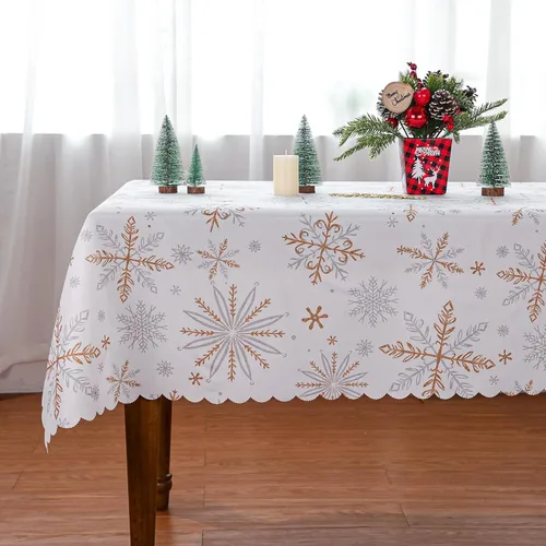 Mantel de Navidad de 60 x 104 pulgadas, decoración de copos de nieve, mantel dorado blanco para el hogar, mantel de temporada de invierno con borde