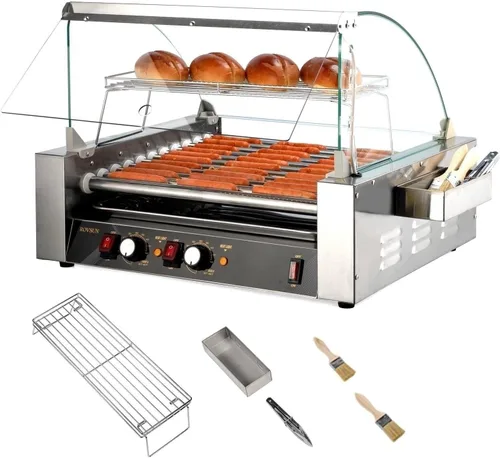 ROVSUN Hot Dog Roller con 11 asadores para 30 hot dogs, máquina de cocción eléctrica de asador con cubierta, control de temperatura dual,