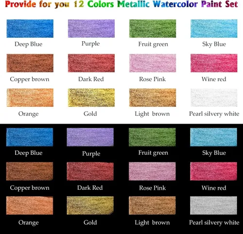 Miniatura 3 de Emooqi Juego de pinturas de acuarela, pintura sólida de acuarela con purpurina metálica, incluye 12 colores metálicos con purpurina, 2 pinceles