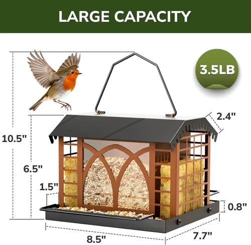 Miniatura 4 de Comederos para pájaros para colgar al aire libre, comedero de metal para pájaros con doble jaula de sebo resistente a la intemperie, techo de metal