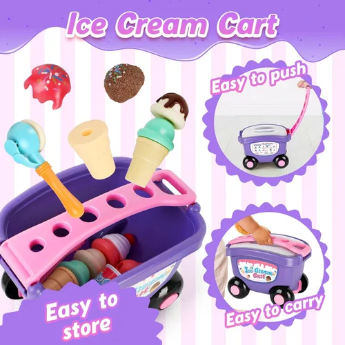 Miniatura 5 de Kasfalci Juguete de carrito de helados, juego de heladería para niños, tienda de comestibles, juguetes de comida de juego de simulación, carrito