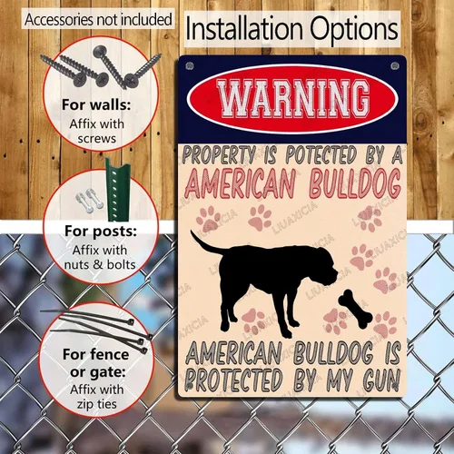 Miniatura 4 de LIUAXICIA Letreros divertidos de metal con texto en inglés "Warning Property is Potected by A American Bulldog is Protected by My Gun" The Coffee