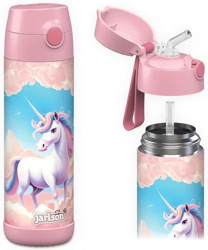 Miniatura 33 de Jarlson® CHARLI - Botella de agua para niños [12 onzas], botella térmica de acero inoxidable con pajilla, botella de agua aislada a prueba