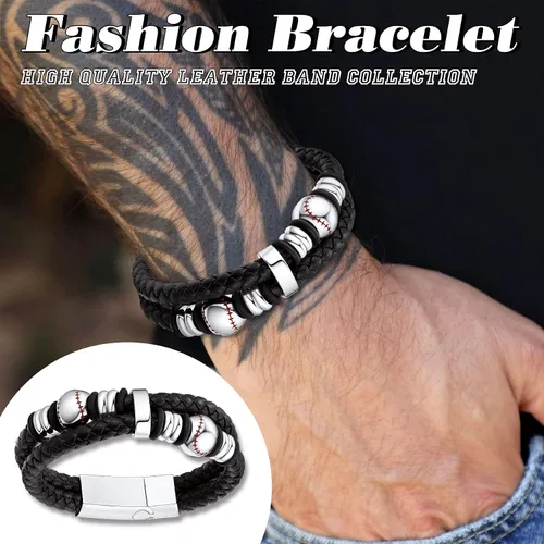 Miniatura 3 de Bestyle Mens Leather Bracelet with Stainless Steel BaseballSoccer Bead Bracelets for Men,Fashion Leather Bracelets for Men, Size 7.58.3Inch