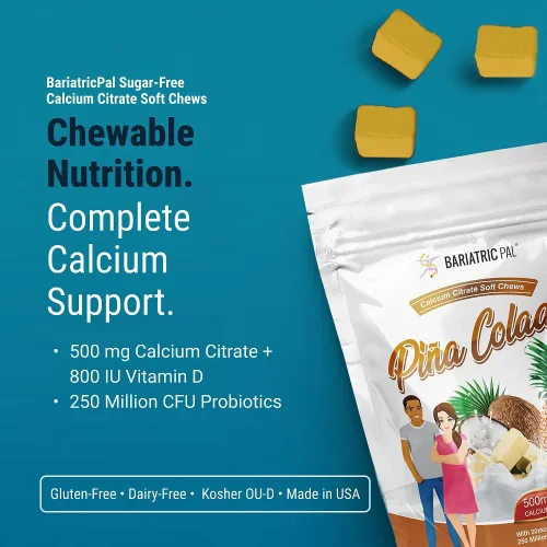 Miniatura 2 de BariatricPal Masticables suaves de citrato de calcio sin azúcar 500 mg con vitamina D y probióticos Piña Colada 90
