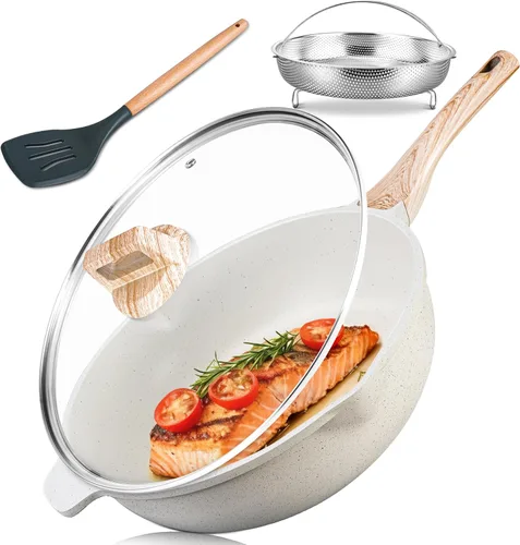 Miniatura 11 de AOSION Sartén profunda de cerámica antiadherente de 12 pulgadas con tapa y estante de vapor, sartén de 5.5 cuartos de galón, sartén de cerámica