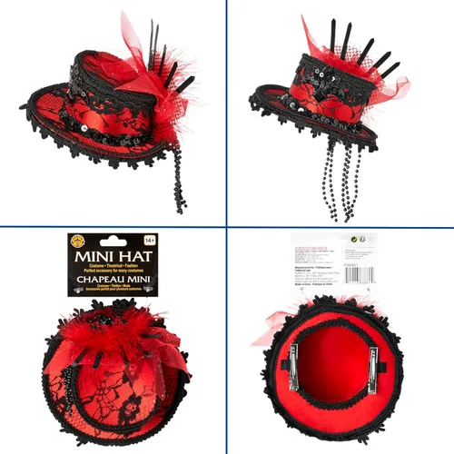 Miniatura 3 de Victoriano rojo y negro Mini cóctel Sombrero Tocado de encaje disfraz Burlesque nuevo