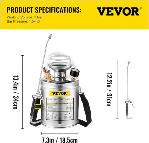 Miniatura 7 de Happybuy Pulverizador de bomba de acero inoxidable de 1 galón, varita de 12 pulgadas y manguera reforzada de 3 pies, medidor de presión, válvula