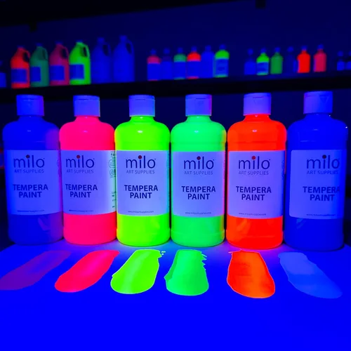 Miniatura 3 de milo Pintura de témpera fluorescente neón lavable, botellas de 16 onzas, 6 colores, fabricada en los Estados Unidos, brilla con luz ultravioleta