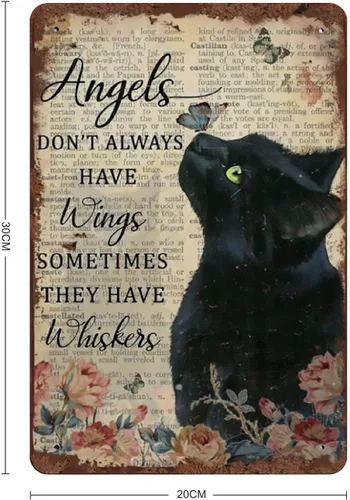 Miniatura 2 de Angels Don't Always Have Wings Sometimes They Have Whiskers - Letrero de hojalata vintage floral negro gato amante de los gatos, placa vintage