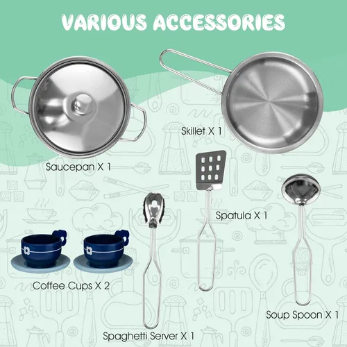 Miniatura 4 de Costzon Cocina de Juego de Esquina de 2 Piezas, Cocina de Juego de Madera con Lavadora, Luz y Sonido Realistas, Cafetera, Estufa y Accesorios