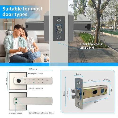 Miniatura 6 de Cerradura de manija de puerta de huellas dactilares, cerradura de puerta delantera sin llave con teclado, cerraduras inteligentes para puertas
